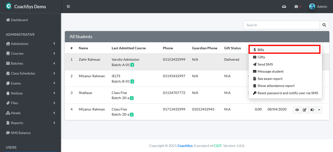 View Student’s Bills