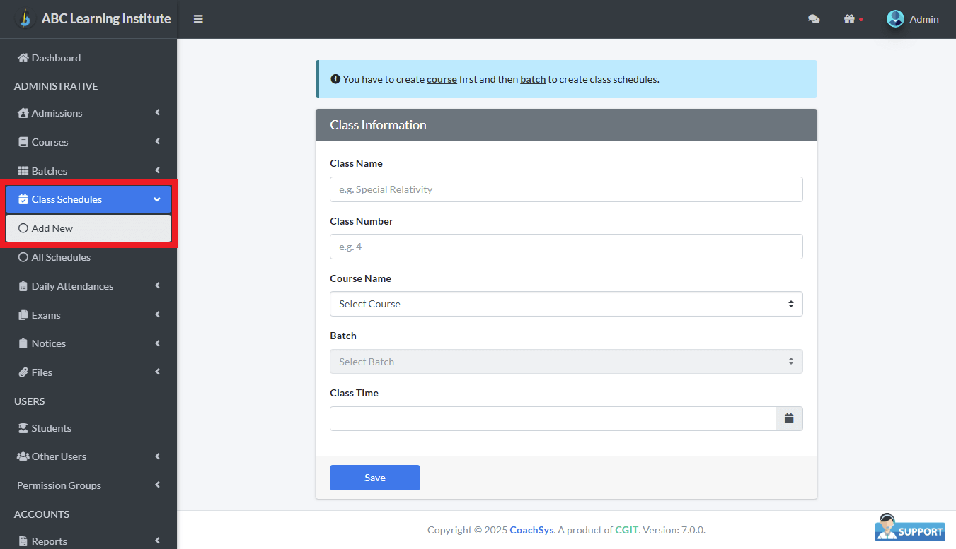 ক্লাসের নতুন সময়সূচি যোগ করুন।