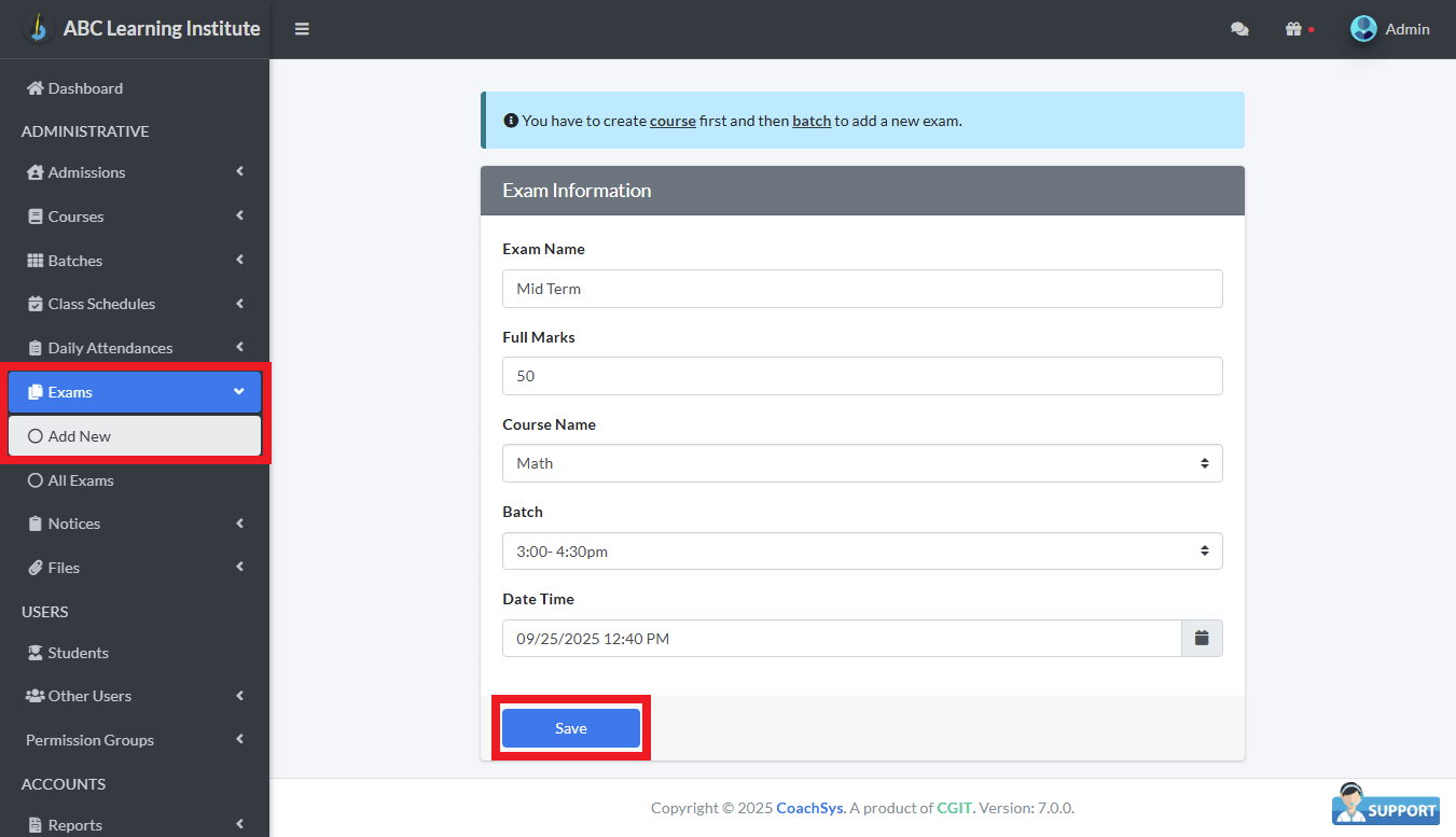 নতুন পরীক্ষা তৈরি।