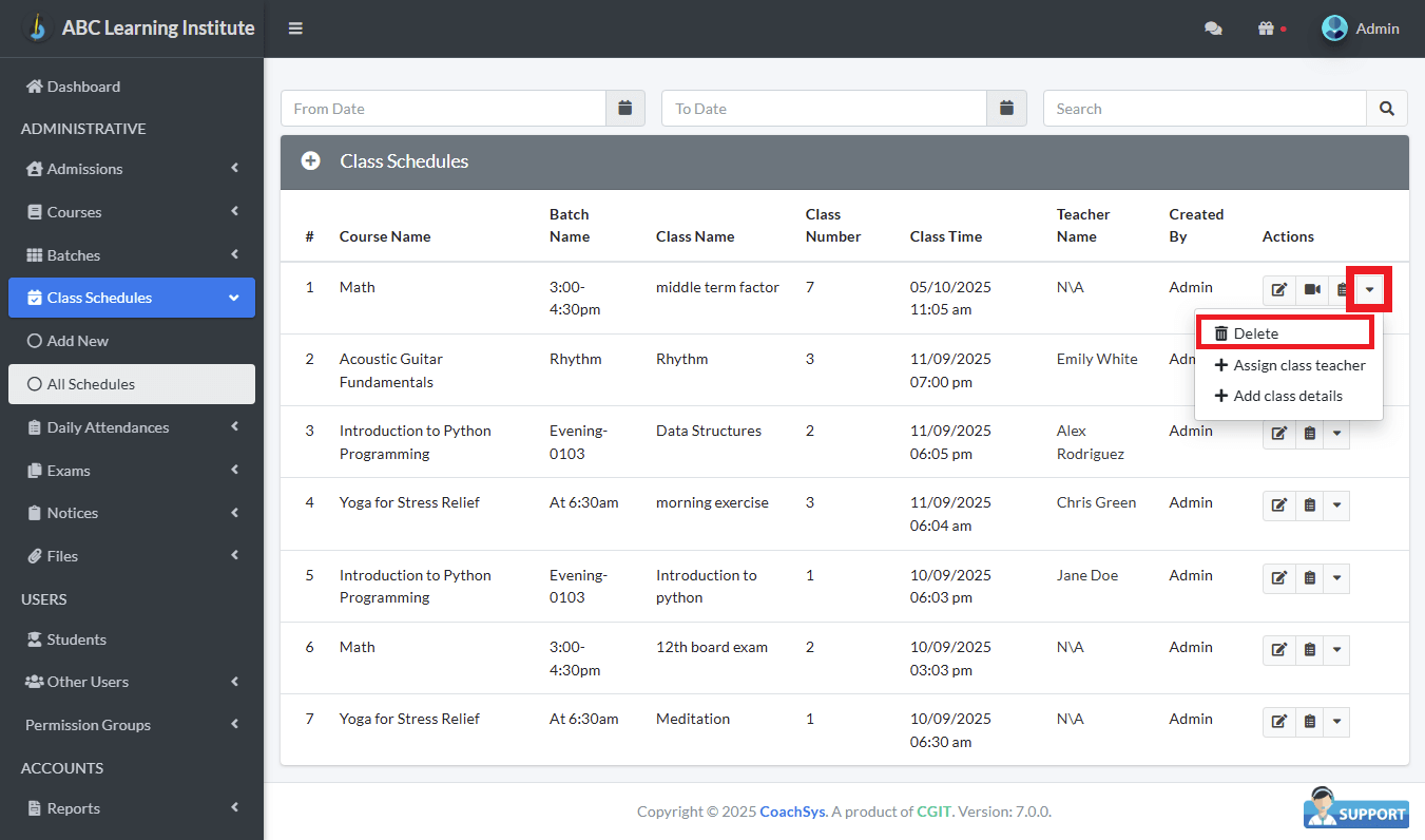 ক্লাস সময়সূচি মুছে ফেলুন।