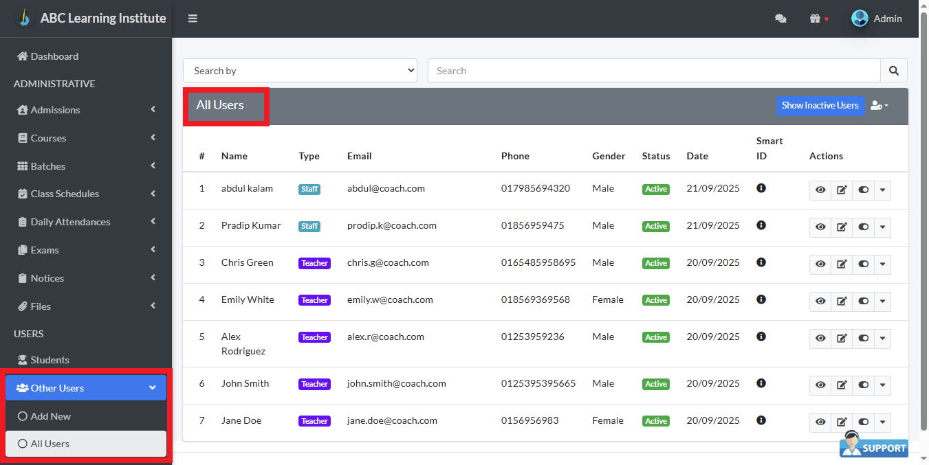 সকল ব্যবহারকারীর তালিকা।