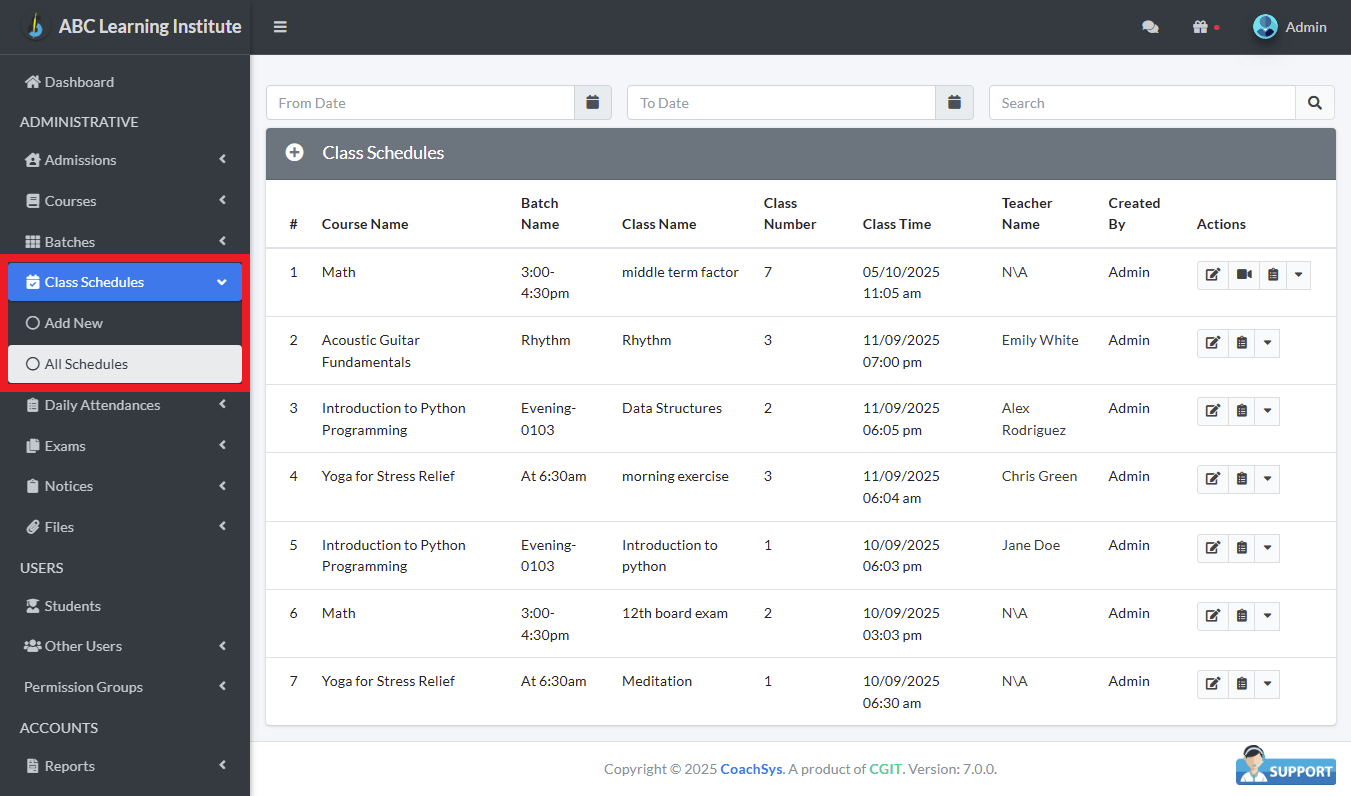 ক্লাসের সময়সূচি তালিকা।