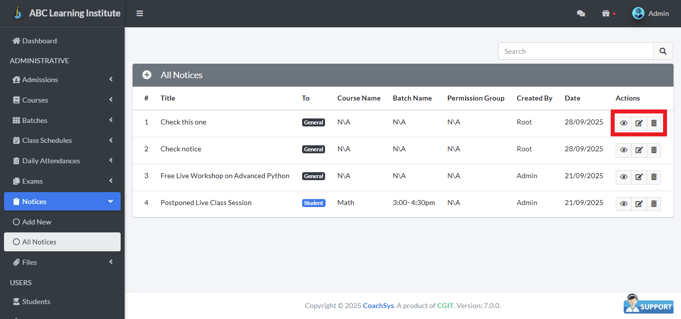 নোটিশ পরিবর্তন ও ডিলিট।