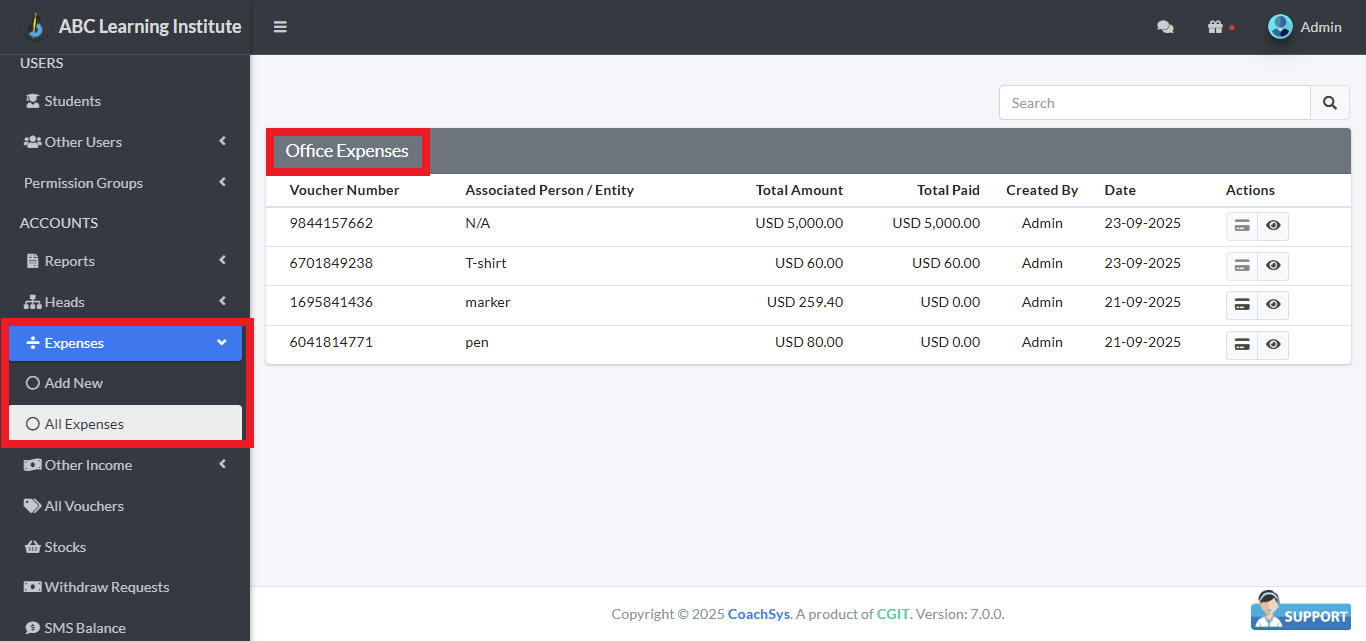 অফিস ব্যয়ের তালিকা।