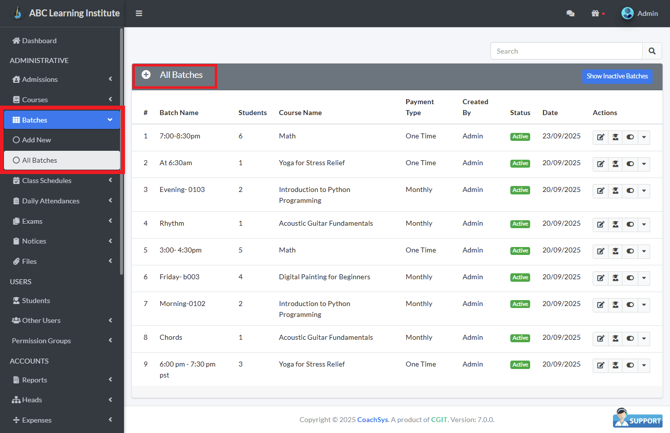 ব্যাচ তালিকা।