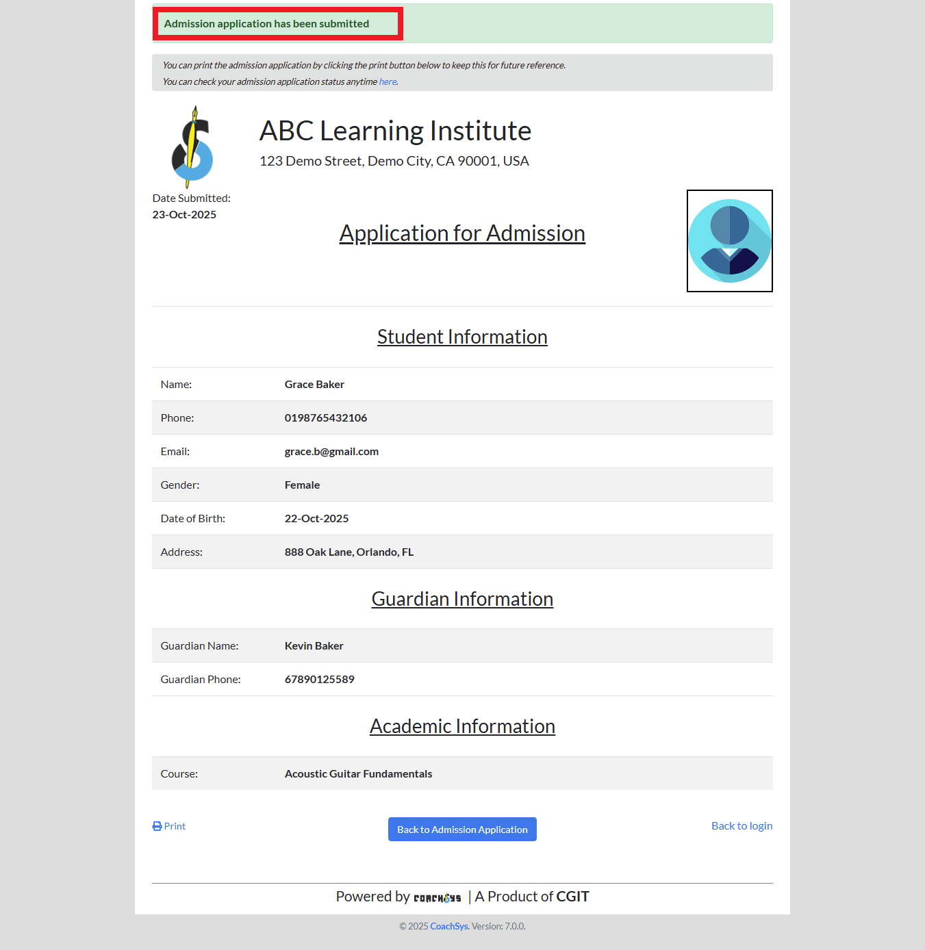 apply submitted succesful