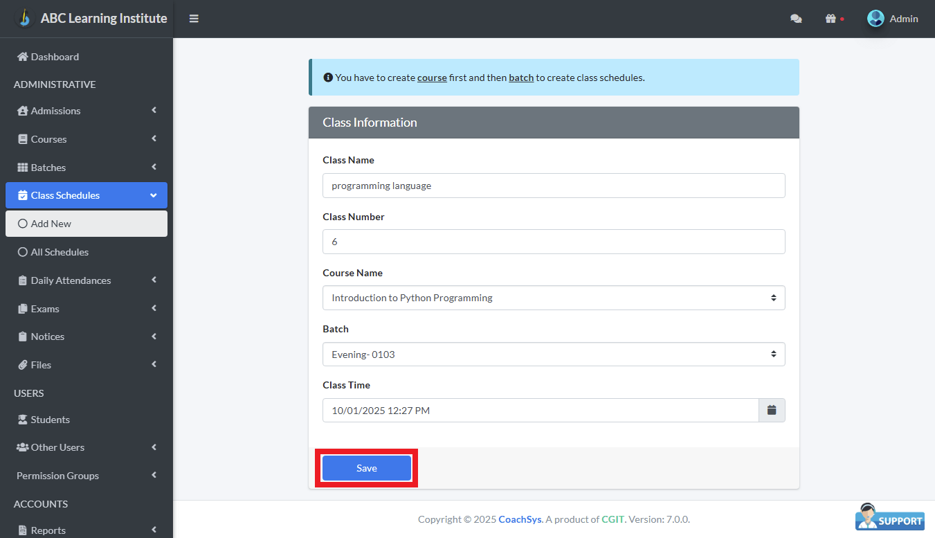 ক্লাস সময়সূচির বিবরণ পূরণ।