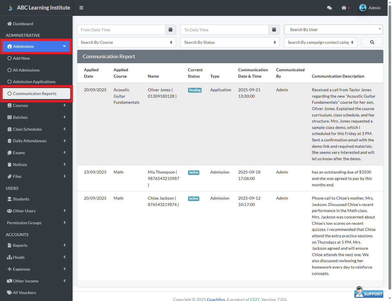 যোগাযোগের প্রতিবেদন।