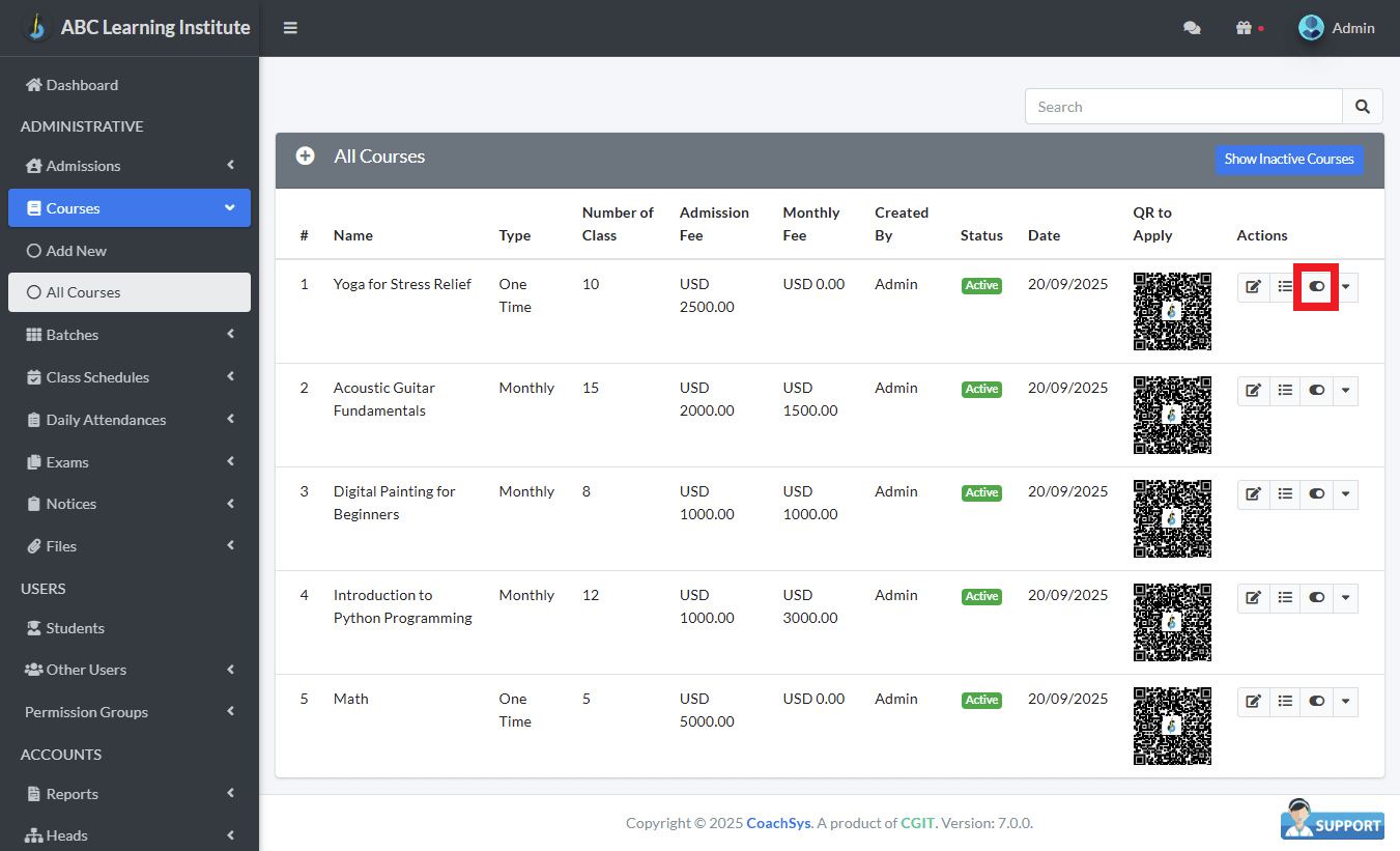 Disabling a Course 1 কোর্স নিস্ক্রিয় করুন।