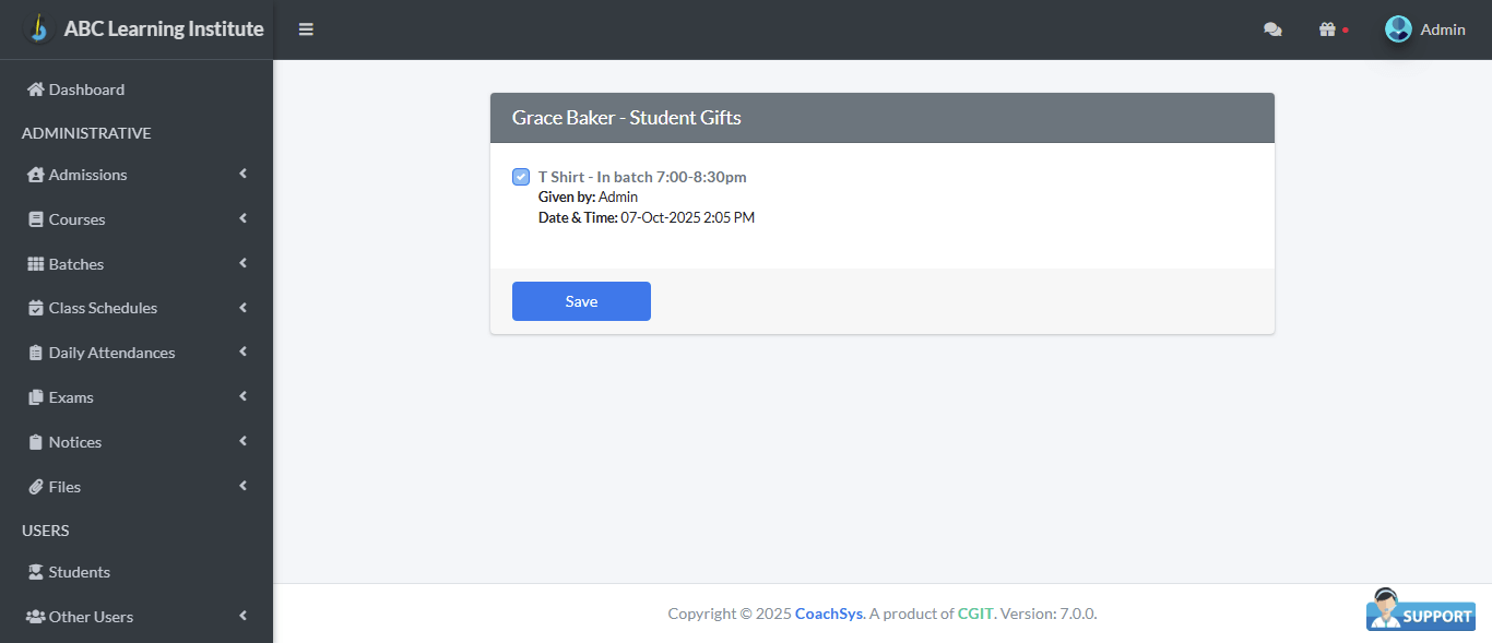 শিক্ষার্থী প্রতি উপহার বিবরণ।