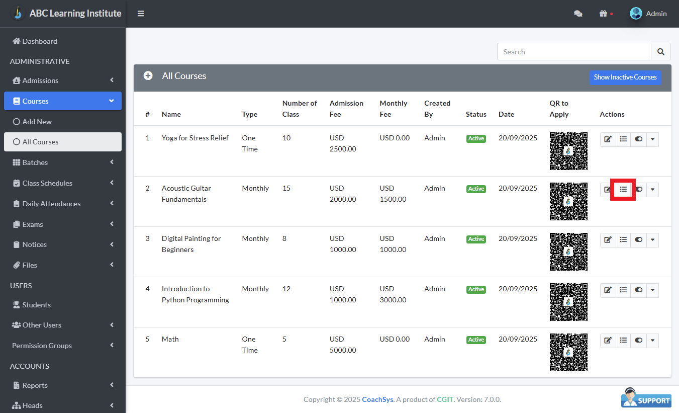 কোর্স প্রতি ব্যাচের সংখ্যা।