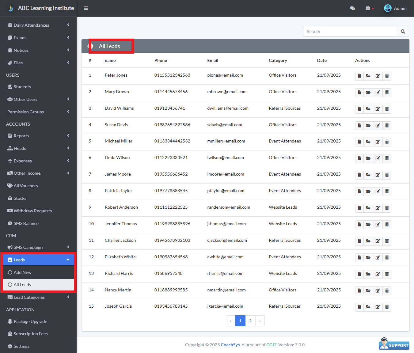 সকল লীড বা যোগাযোগ তালিকা।